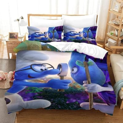 Housse de couette Schtroumpfs Motif Animé Mignon Impression 3D Ensemble de literie Elfes Bleus Pour Adolescents Adultes Avec Fermeture Éclair Décoration de Chambre 180*220cm 3pcs