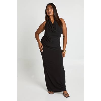 boohoo Dames Plus Cowl Neck Top met Gouden Rand & Column Maxi Rok Co-ord | Zwart | Maat: 46
