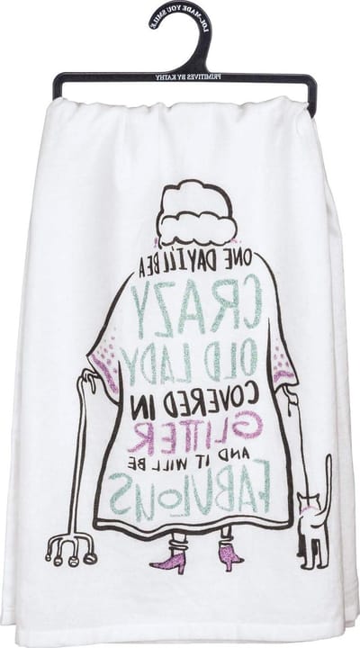 Theedoek Katoen - Keukendoek Grappig - Keuken Decoratie - Met Glitter Tekst - 71 x 61 cm - Gekke Oude Dame