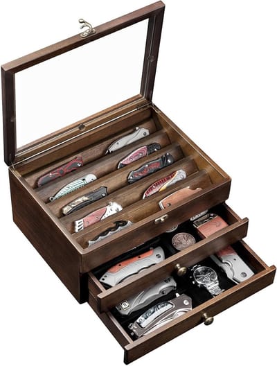 3-laags houten zakmes met verzameldoos, glazen deksel en lades, perfect voor verzamelaars en cadeau's