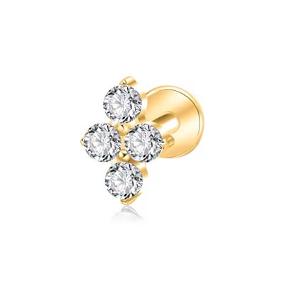 Titanium labret Goud - 1.2mm - 8 mm - Labret met 4 steentjes in Ruit klein - Lev Sieraden - Externally threated - labret piercing - neuspiercing staafje - tragus piercing - Oorpiercing - Madona piercing