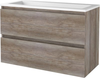 Basic Start 46 badmeubelset met greeploze wastafelonderkast met 2 lades en acryl wastafel zonder kraangaten 100 x 46 cm, scotch oak