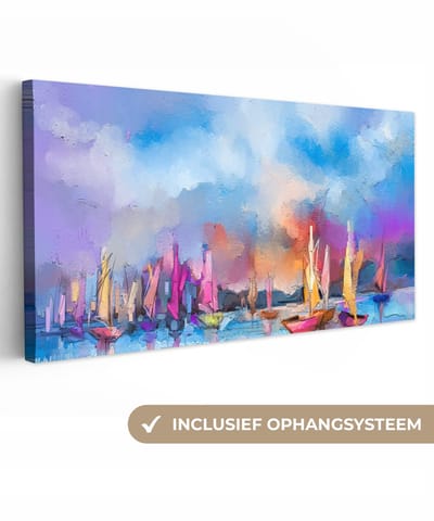 Canvas schilderij 40x20 cm - Wanddecoratie Olieverf - Schilderij - Boot - Muurdecoratie woonkamer - Slaapkamer decoratie - Kamer accessoires - Schilderijen op canvas