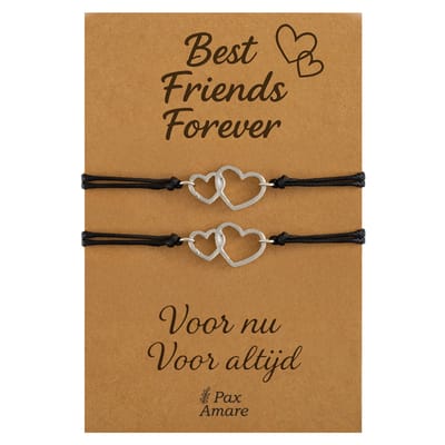 Vriendschapsarmbandjes voor 2 "Best Friends Forever" - Dubbele Hartjes - BFF Armbandjes met Persoonlijk Cadeau Kaartje - Zilverkleurig - Elastisch Verstelbaar - Pax Amare