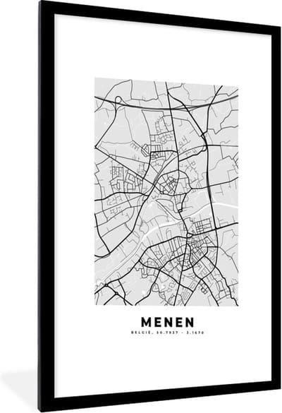 Fotolijst incl. Poster Zwart Wit- Stadskaart – Zwart Wit - Kaart – Menen – België – Plattegrond - 60x90 cm - Posterlijst