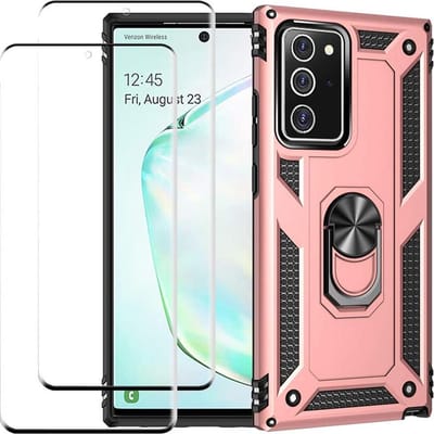 Telefoonhoesje Geschikt voor: Samsung Galaxy Note 20 hoesje Schokbestendige ring armor met 2X volledige schermdekking Screenprotector rose goud