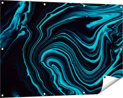 Gards Tuinposter Abstracte Kunst - Aqua Blauw met Zwart - 120x80 cm - Tuindoek - Tuindecoratie - Wanddecoratie buiten - Tuinschilderij