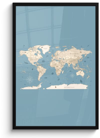 Poster in lijst - Fotolijst 60x90 cm - Posters - Wereldkaart - Oceaan - Realistisch - Blauw - Posterlijst zwart - Decoratie - Wanddecoratie woonkamer - Muurdecoratie slaapkamer
