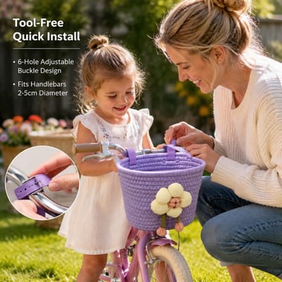 SnelShoppen - Handgemaakte Katoenen Fietsmand Voor Kinderen - Gevlochten Kinderfietsmand Met Bloemendecoratie - Verstelbare Riemen - Paars - Ideaal Vo