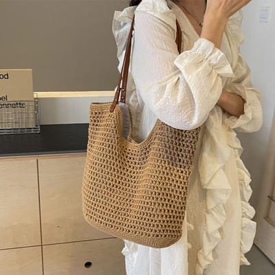 Sac décontracté creux à bandoulière unique en fil de coton tissé Nouveau style paresseux Sac tissé à la main Sac de plage pour les vacances au bord de la mer Sac pour femmes white