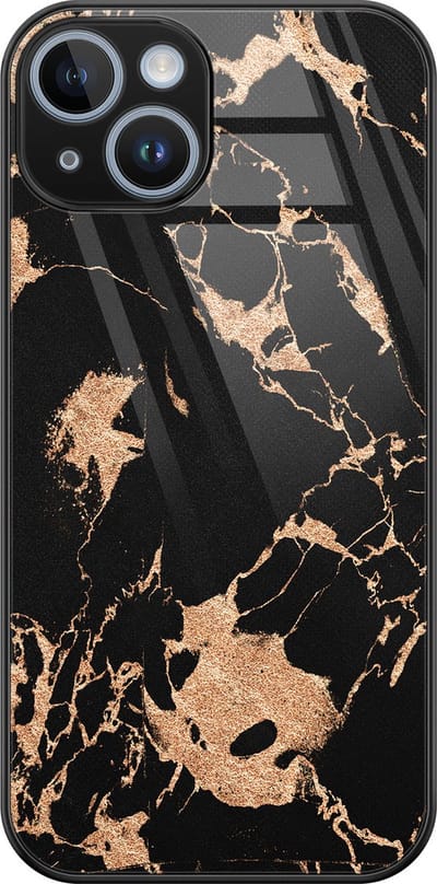 Hoesje geschikt voor iPhone 14 - Marmer zwart brons - Luxe Glazen Hardcase - Marmer - Zwart - Leuke Telefoonhoesjes