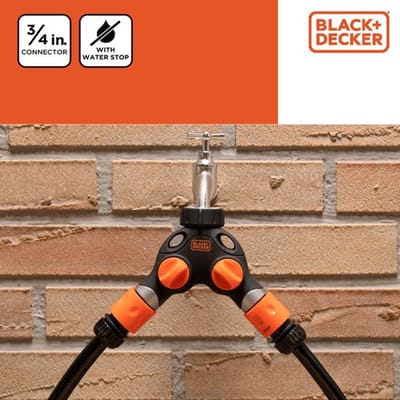 BLACK+DECKER Kraanstuk - 3/4 Inch Connector - Waterstop - 2 Weg Splitser - Zwart/ Oranje