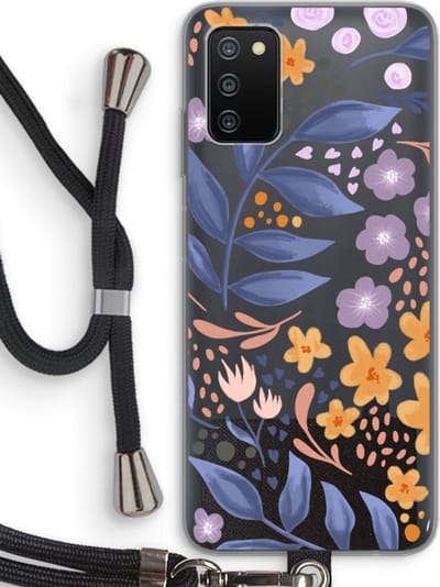 Case Company® - Hoesje met koord geschikt voor Samsung Galaxy A03S hoesje met Koord - Flowers with blue leaves - Telefoonhoesje met Zwart Koord - Bescherming aan alle Kanten en Over de Schermrand