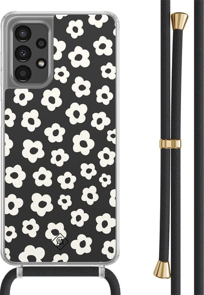 Casimoda® hoesje met zwart koord - Geschikt voor Samsung A13 4G - Retro Bloempjes - Afneembaar koord - TPU/polycarbonaat - Zwart