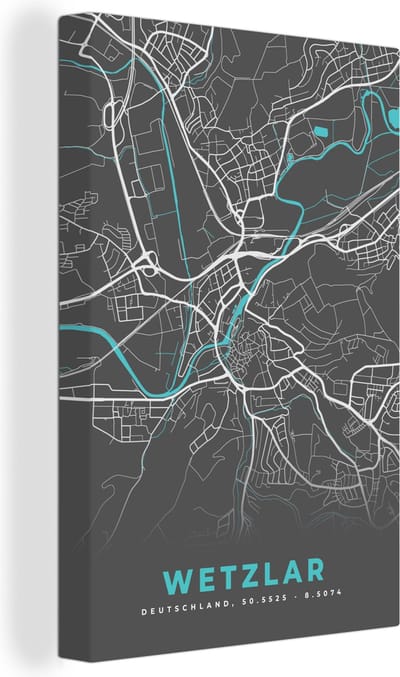 Canvas Schilderij Blauw – Duitsland – Plattegrond – Stadskaart – Kaart – Wetzlar - 20x30 cm - Wanddecoratie