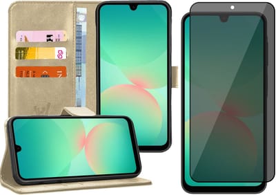 Hoesje geschikt voor Samsung Galaxy A17 5G / A26 - Privacy Screenprotector Volledig Dekkend Glas - Portemonnee Book Case Goud