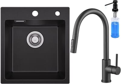 SOFETIY MAX Granieten Spoelbak voor keuken 40x45CM - Enkele Spoelbakken Met Keukenkraan met Uittrekbare uitloop en Zeepdispenser - Onderbouw Spoelbak Zwart - Met waterafvoersysteem - Voor 45 cm Kast