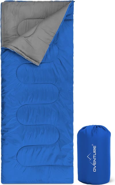 Oventure SleepPlus slaapzak | 190 x 80 cm | 3-seizoenen slaapzak | Comfortabel tot 8 °C | Voor kamperen, logeren en festivals | Zacht en luchtig materiaal | Geschikt voor volwassenen en kinderen | Met draagtas | Blauw
