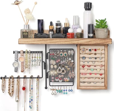 SOLIMINTR Opknoping Sieraden Organizer Muur Mount Sieraden Houder Met Rustieke Houten Plank, Ring Display Box, Oorstekers Oorbel Houder, Roterende Ketting Houder Organizer