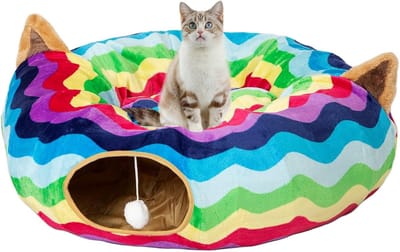 Daity Kerstkattentunnelbed met pluchen speelgoedbal - klein kussen en flexibel ontwerp - 25 cm in diameter - 80 cm lang - perfect voor katten en kleine honden - regenboogkleurige golven