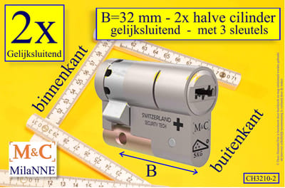 M&C Condor 2x HALVE High Security deurcilinders GELIJKSLUITEND 32 mm - SKG*** - Politiekeurmerk Veilig Wonen - inclusief gereedschap montageset en hangslot kaars