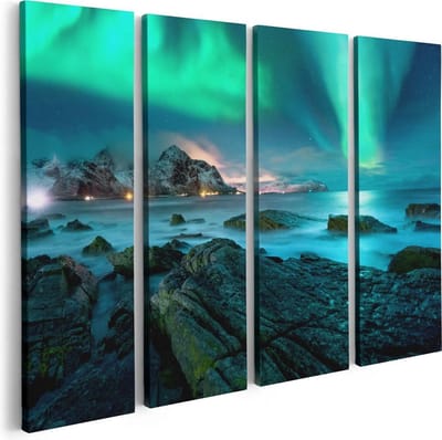 Artaza Canvas Schilderij Vierluik Noorderlicht boven het Water bij Rotsen - 80x60 - Foto Op Canvas - Canvas Print