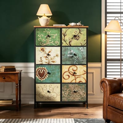 Ladekast 8 lades 67x30x100 cm, commode, dressoir, opbergkast, woonkamerkast met vintage design, MDF, zwart metalen frame