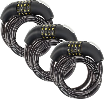 Cijferslot Fiets 3 stuks - Code Kabelsloten voor Electrische Fietsen - Kunststof en Rubber - 180cm x 10mm - Zwarte Fietsaccessoires