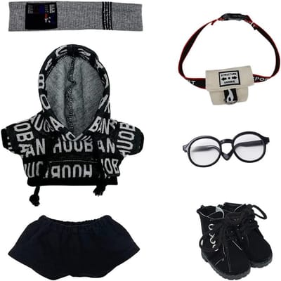 Hiphop Kleding Set voor 20cm Pluche Poppen - Hoodie, Broek, Accessoires (Zwart)