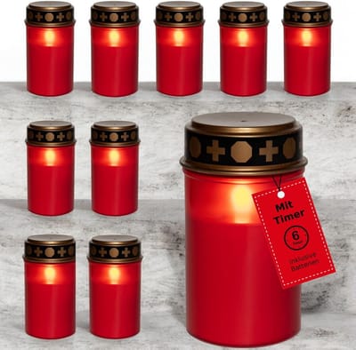 Novaliv LED graflichten met batterij en timer 6/18 rood 10 stuks LED kaarsen met batterijen grafkaarsen begraafplaatskaarsen kaarsen flikkerende vlam gedenkkaars eeuwig licht rouwkaars