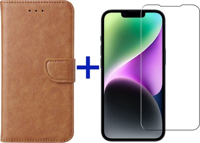 iPhone 14 hoesje bookcase met pasjeshouder + screenprotector voor iPhone 14 - Bruin