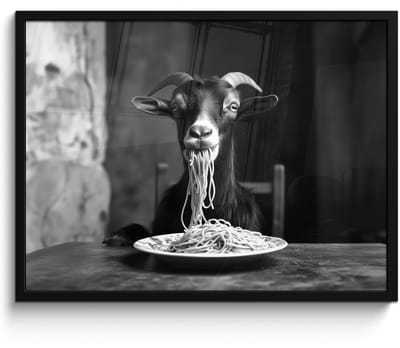 Fotolijst incl. Poster Zwart Wit- Geit - Bord - Spaghetti - Zwart Wit - 70x50 cm - Posterlijst