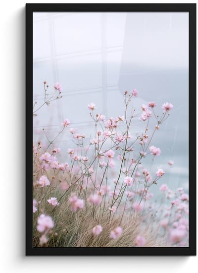 Poster in lijst - Fotolijst 40x60 cm - Posters - Klif - Bloemen - Zee - Roze - Posterlijst zwart - Decoratie - Wanddecoratie woonkamer - Muurdecoratie slaapkamer