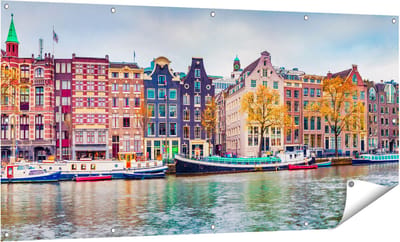Gards Tuinposter Amsterdamse Huisjes vanaf de Gracht - 160x80 cm - Tuindoek - Tuindecoratie - Wanddecoratie buiten - Tuinschilderij