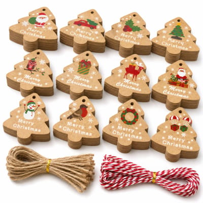 100 Kerst Kraft Karton Cadeau Labels met 100 Jute Touwtjes - Kartonnen Kerstkaarten - Cadeaulabels Kerstmis Versiering Maken - Kerstversiering Decoratie voor Binnen - Kleine Kraftpapier Etiketten - Prijskaartjes\Prijslabels Koord