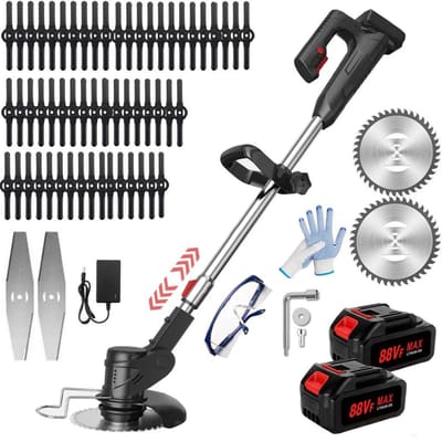 Accu Grastrimmer met 2× 2000mAh Accu's en Oplader - met 60 Stuks Kunststof Messen - Elektrisch Grasmaaier - Bosmaaier - Accu Grasmaaier & 3-in-1 Trimmer - voor Tuin en Gazon​ -Utschuifbaar