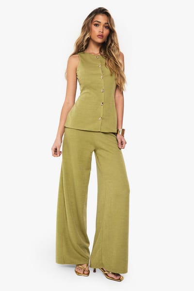 boohoo Dames Broek met textuur en wijde pijpen | Olijf | Maat: 36