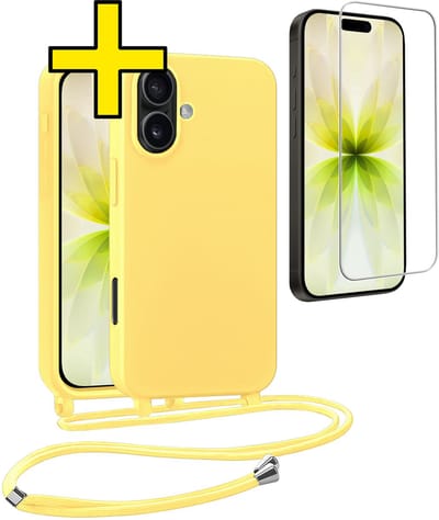 Hoesje Geschikt voor iPhone 17 Hoesje Met Koord Met Screenprotector Siliconen Case - Hoes Geschikt voor iPhone 17 Backcover Met Afneembaar Koord - Geel