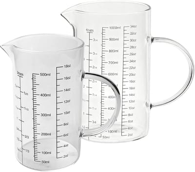 Maatbekerset van 2 van glas, 1 l + 500 ml maatbeker, hittebestendig borosilicaatglas, maatbekers met handvat en V-vormige schenktuit voor keuken of restaurant