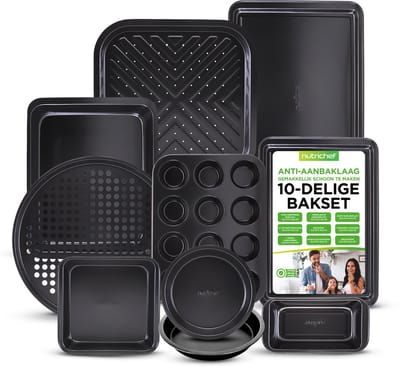 NutriChef Bakvormenset - 10-delige Anti-aanbak Bakvormen van Koolstofstaal - Bakplaten Set Zwart