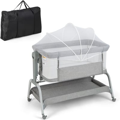 COSTWAY 4-in-1 babybed met muggennet, bijzetbed, babywieg, reisbed met matras, 6 verstelbare hoogtes, draagtas, mobiel kinderbed, opvouwbaar, voor baby's tot 6 maanden, grijs