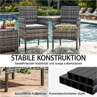 YYchan tuinstoelenset voor buiten - 2 personen - met kussens - grijs - 62 x 58 x 87 cm