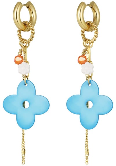 Joy Ibiza - Klaver bedel oorbellen - oorringen met hanger en kettinkje en een bloemetje - Turquoise blauw - klap scharnier - ear party boho - bohemian bloem - stainless steel - ip/pvd goldplated