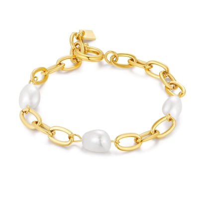 Twice As Nice Armband in goudkleurig edelstaal, ovale schakels, 3 zoetwaterparels 19cm