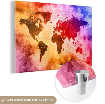 ® Glasschilderij 150x100 cm - Schilderij acrylglas - Wereldkaart - Verf - Kleuren - Foto op glas - Muurdecoratie woonkamer - Wanddecoratie slaapkamer - Schilderijen