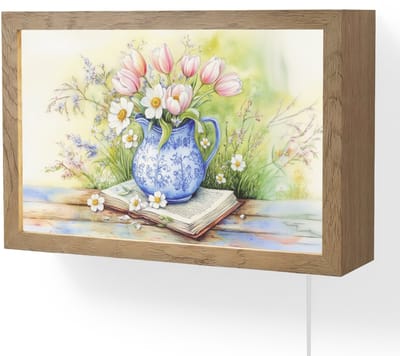 Wandlamp 30x20 cm - Oplaadbaar - Vaas - Delftsblauw - Madeliefjes - Wandlampen binnen woonkamer - Slaapkamer lamp met kabel - Decoratieve nachtlamp - Vloerlamp snoer