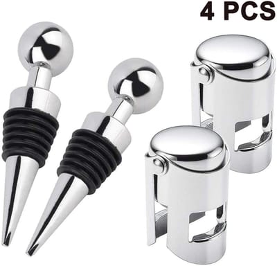 Oneay Set van 4 roestvrijstalen flesstoppers – 2 wijnstoppers en 2 champagne-stoppers – Geschikt voor wijn, champagne en bier