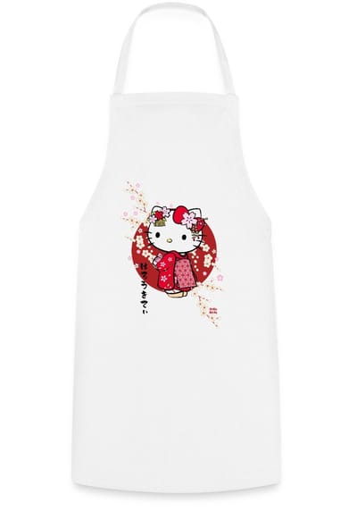 Hello Kitty In Een Rode Kimono En Kersenbloesems Keukenschort