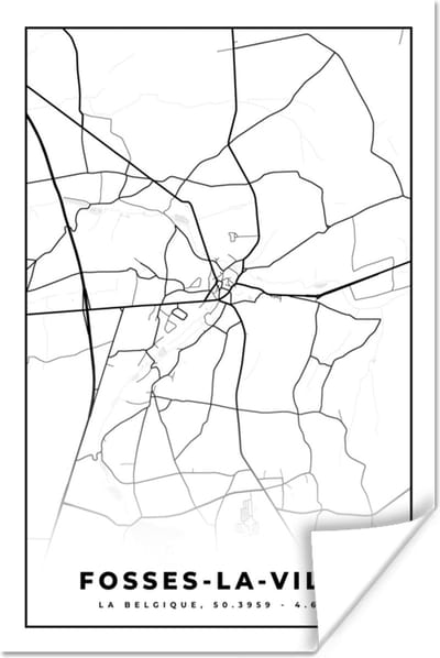 Poster Plattegrond – Fosses la Ville – Zwart Wit – Stadskaart - Kaart - België - 120x180 cm XXL