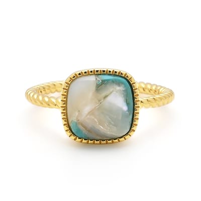 Cavill - Zilveren Ring met Turkoois Mozaiek 2 9 ct - 925 Sterling Zilver Verguld - Antieke Kissen Cabochon - Luxe Natuursteen Sieraad Dames
